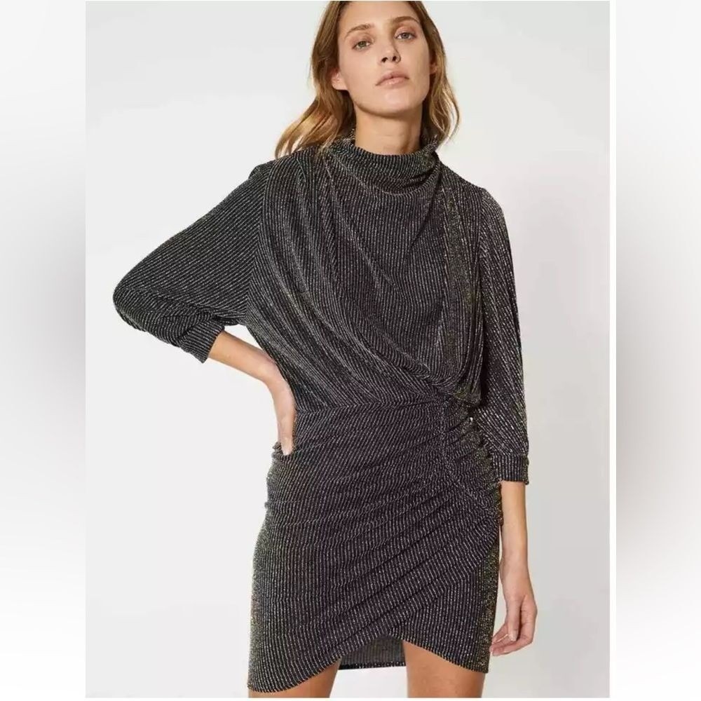 IRO Absalon Dress Women Size 4 Black Silver Good Metallic Ruched Party Mini